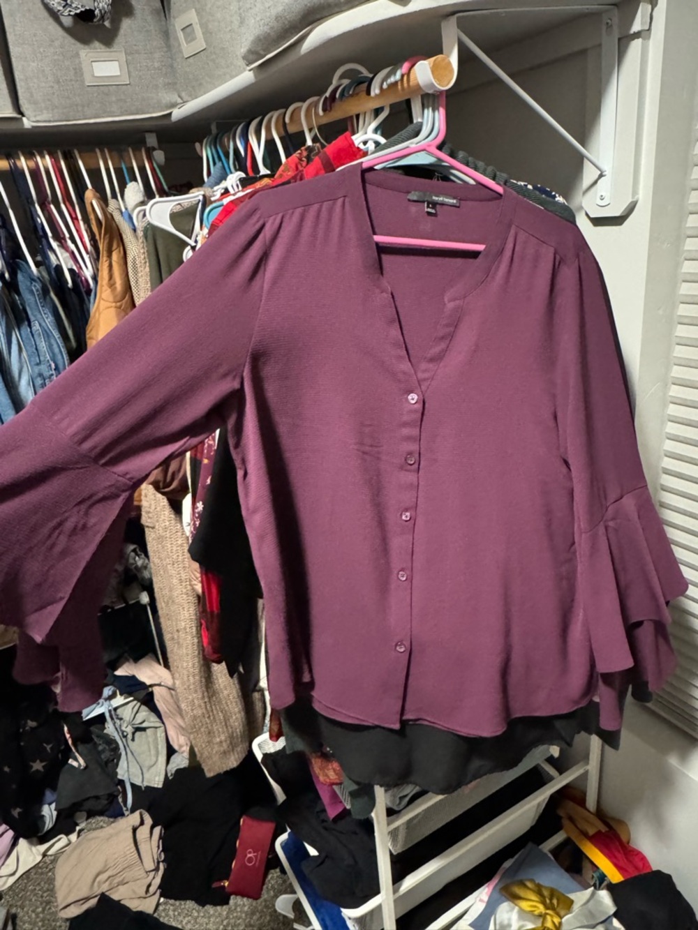 Harve Benard Plum Button-Front Ruffle-Sleeve Blouse